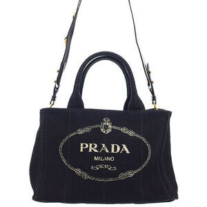 Prada Canapa Tote canvas handbag top handles 2way Black